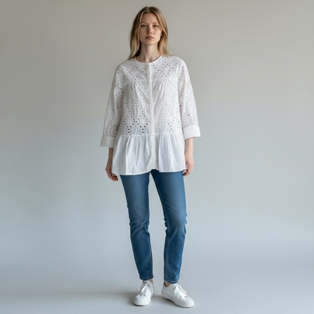 Zara White Eyelet Tunic Blouse XS Long Sleeve Peplum Boho Top